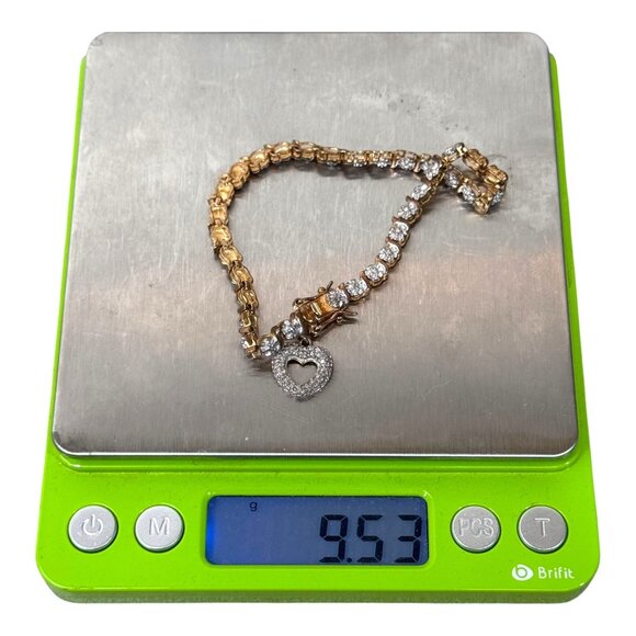 Vintage Sterling Silver Vermeil and Diamond Chip Tennis Bracelet Heart Charm 7" - Picture 6 of 8